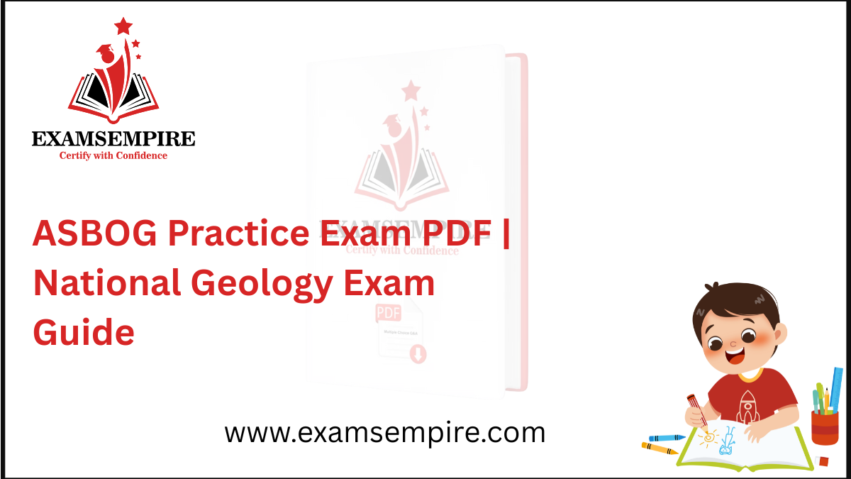 EXAMSEMPIRE ad for ASBOG Practice Exam PDF, a national geology exam guide.